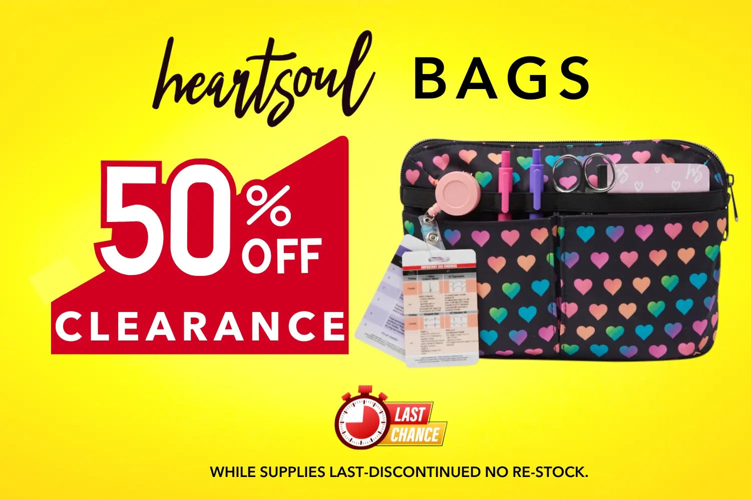 HeartSoul Bags are 50% off only at Scrub Pro Uniforms.  While supplies last.