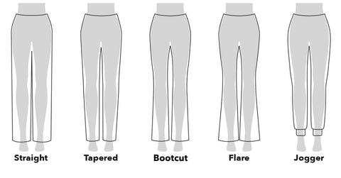 Pant leg fit guide including straight, tapered, boot, flare, & jogger collection at Scrub Pro Uniforms.