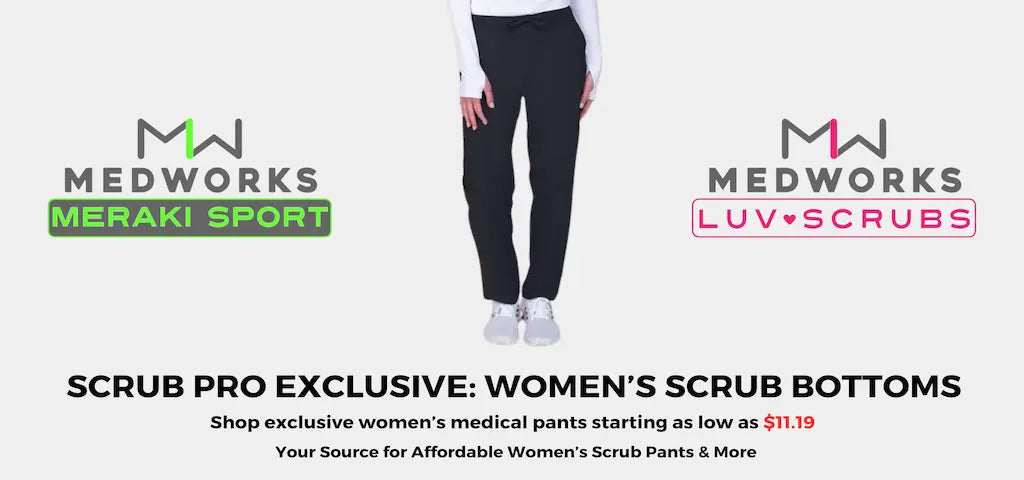 A young female nurse practitioner wearing a pair of black scrub pants on a light grey background with the Luv Scrubs by MedWorks logo to the left and the Meraki Sport Scrub Uniforms logo to the right.