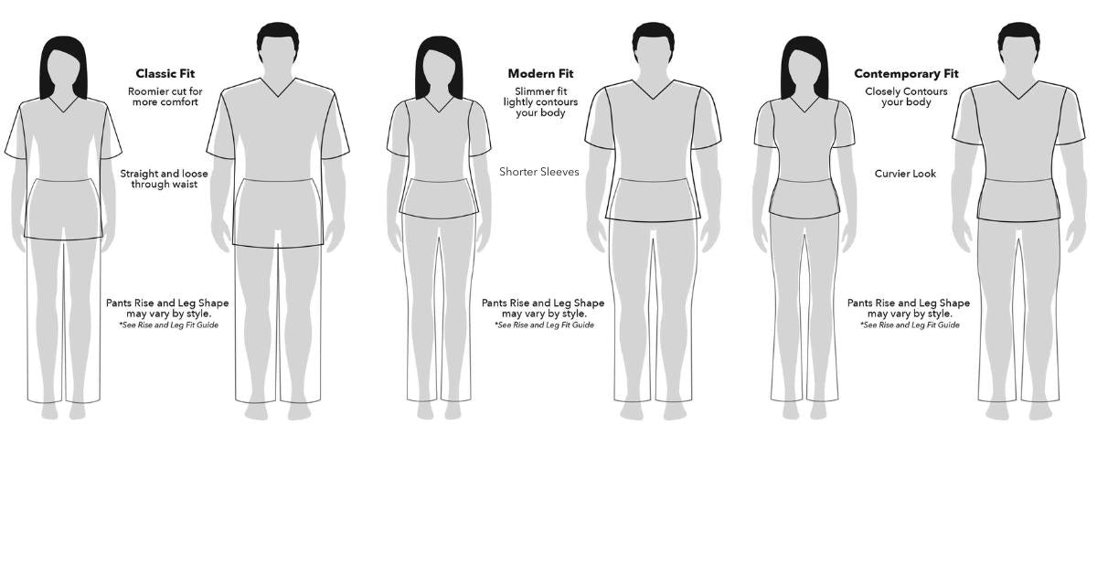 Scrubs fit guide for Classic Fit, Modern Fit & Contemporary Fit at Scrub Pro Uniforms