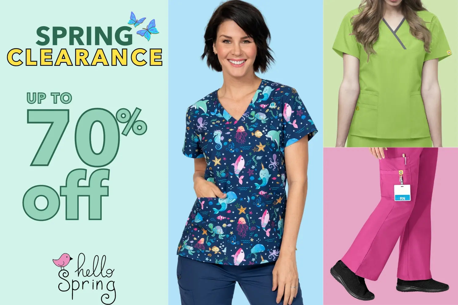 Scrub Pro Uniforms spring clearance is up to 70% off, while supplies last.