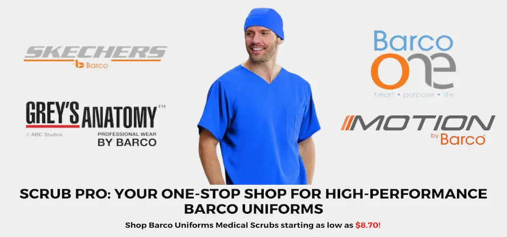 A young male operating room nurse wearing royal blue scrubs on a light grey background featuring the Skechers, Grey's Anatomy, Barco One, and Barco Motion logos surrounding the healthcare hero.