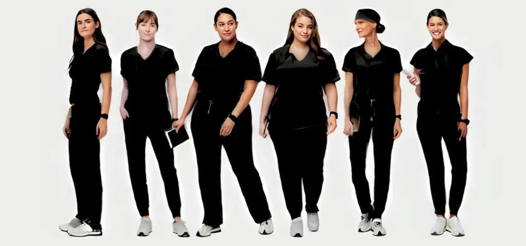 A group of female oncologists wearing black scrub uniforms on a white background.
