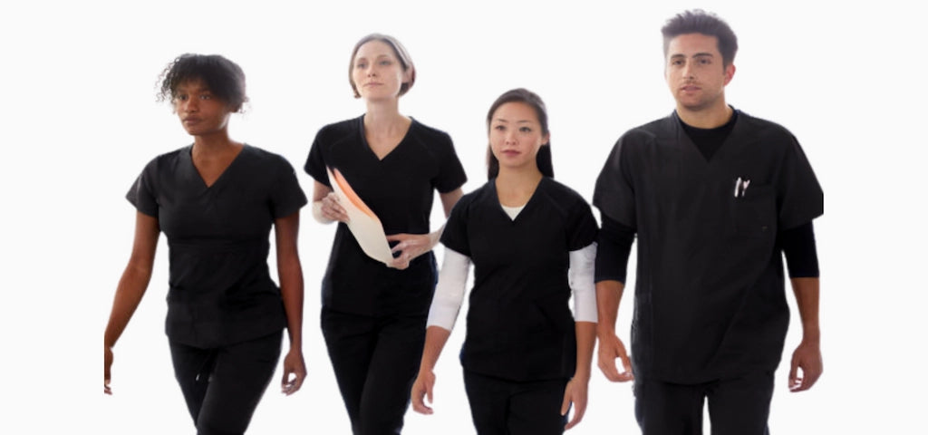 A group of female oncologists wearing black scrub uniforms on a white background.