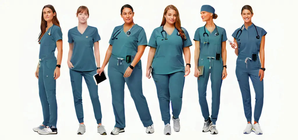 A group of female nurse practitioners wearing caribbean blue scrubs on a white background.