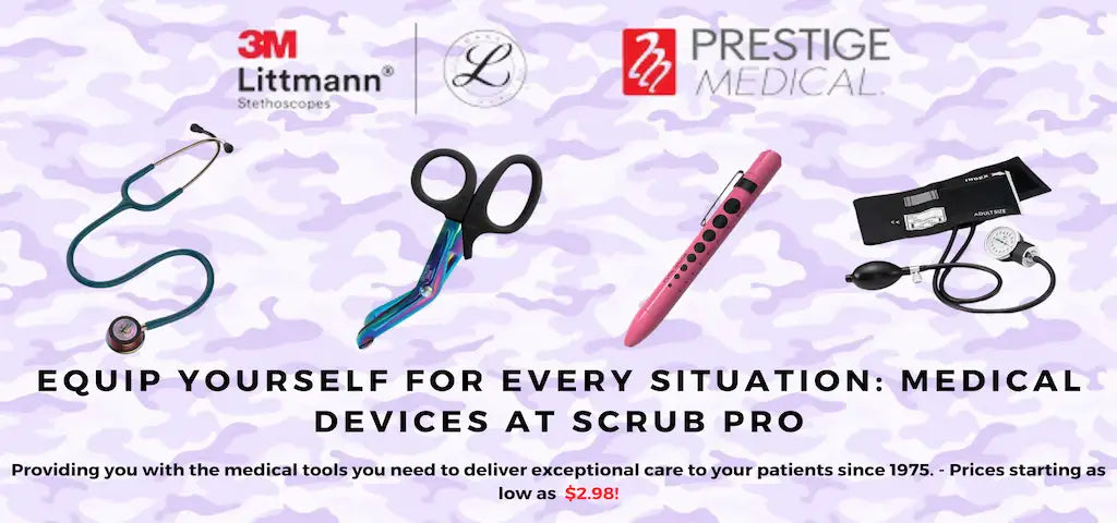 A collection of high-quality medical devices offered at Scrub Pro on a light purple camo themed background featuring the Littmann and Prestige Medical logos above.