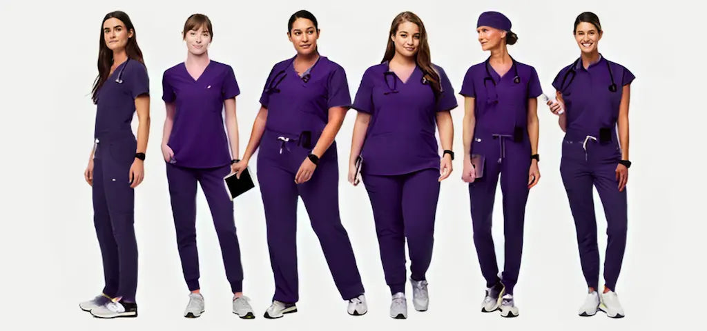 A group of female nurses wearing eggplant medical uniforms on a white background.