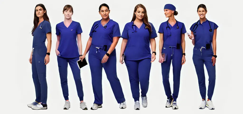 A group of female nurse practitioners wearing Galaxy Blue scrub uniforms on a white background.