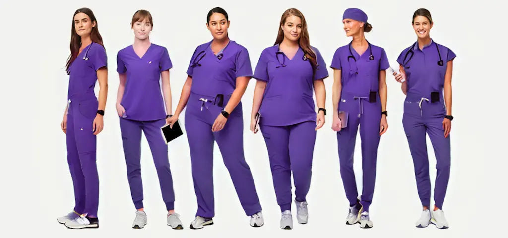 A group of young female healthcare professionals wearing grape colored scrubs on a white background.