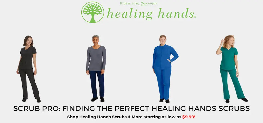 A group of female healthcare professionals wearing healing hands scrub uniforms on a light grey background with the healing hands logo above them.