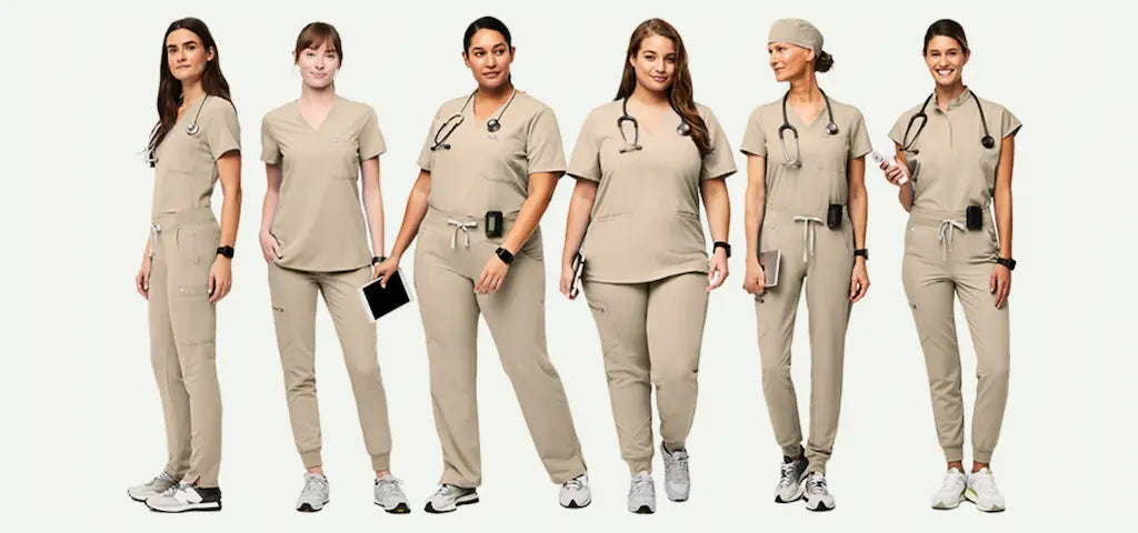 A group of physical therapists wearing Khaki scrubs on a white background.