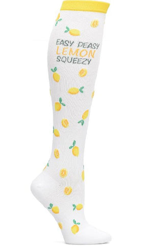 An image of the side of the of Women's Compression Socks from NurseMates in "Lemon Squeezy" featuring 12-14 mmHg Graduated Compression to help improve circulation and relieve leg fatigue.