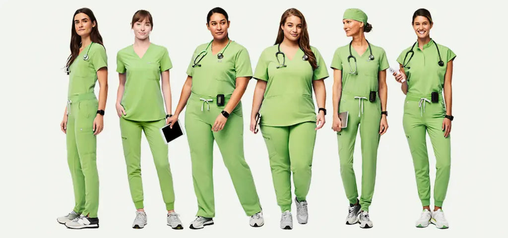 A group of female surgical nurses wearing lime green scrub uniforms on a white background.