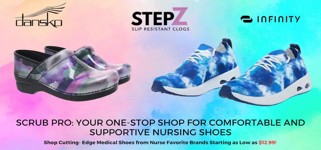 A pair of Dansko Slip Resistant Nurse Clogs next to a pair of Infinity Women's Dart Shoes on a multi-colored tie dye background with the Danko, StepZ, and Infinity logos above.
