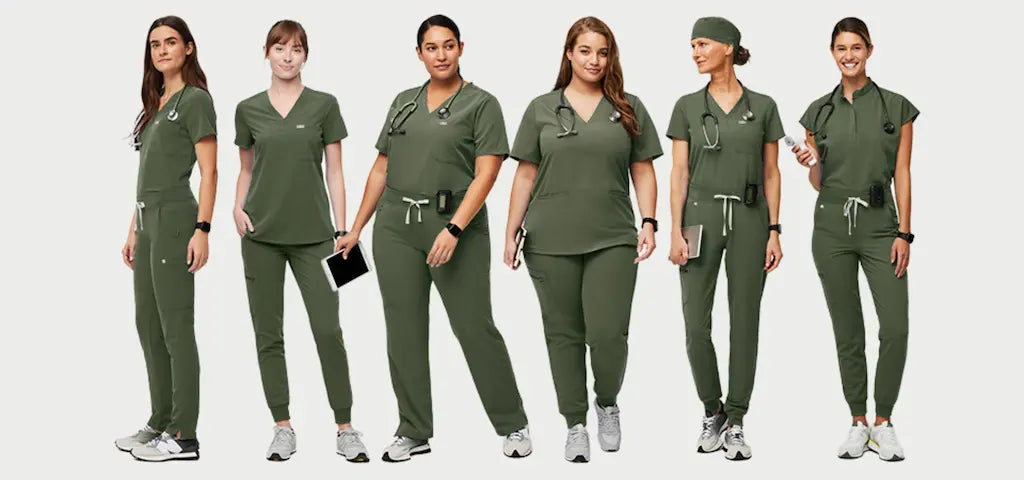 A group of female surgical assistants wearing olive green scrub uniforms on a white background.