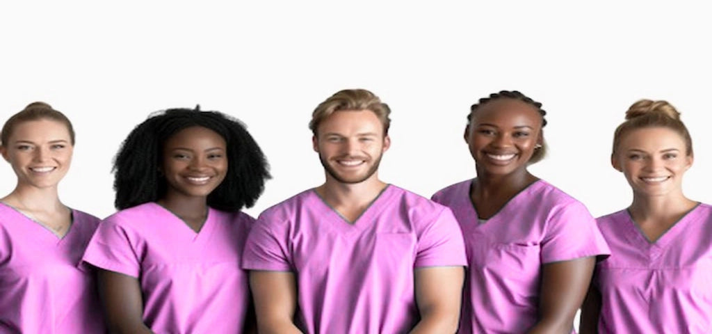 A group of female Oncology Nurses wearing light pink medical uniforms on a white background.