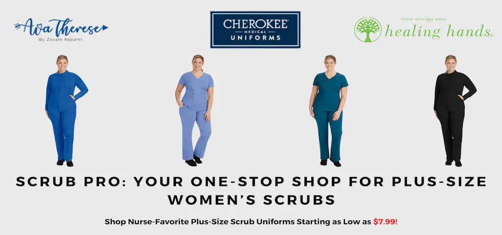 A collection of female nurses wearing plus-size scrubs uniforms from Scrub Pro with the logo for Ava Therese, Cherokee Medical Uniforms, and Healing Hands.