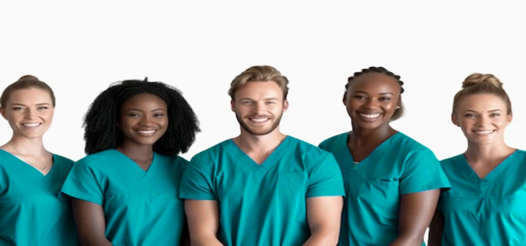 A group of female surgeons wearing teal blue scrub uniforms on a white background.