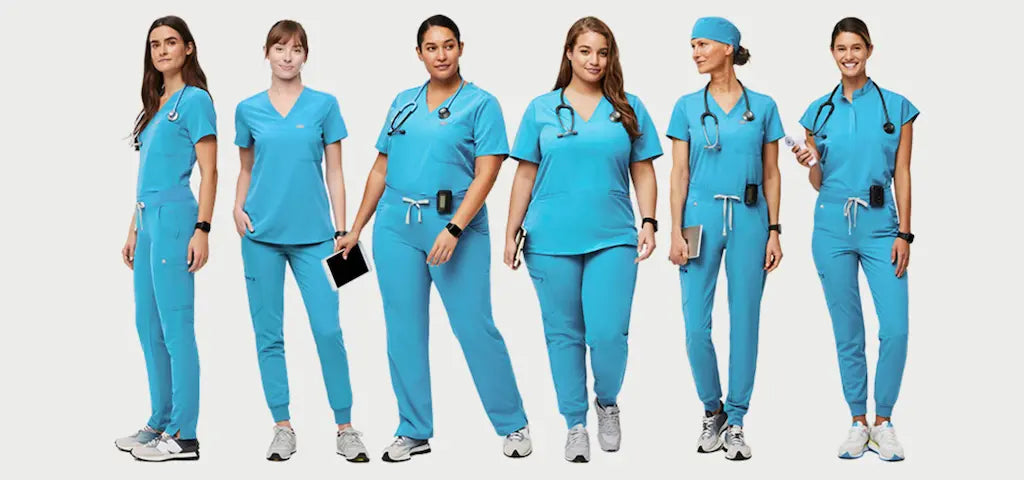 A group of nursing students wearing Turquoise Scrubs on a white background.