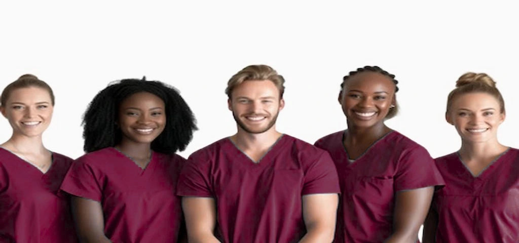 A group of female Certified Diagnostic Technicians wearing wine scrub uniforms on a white background.