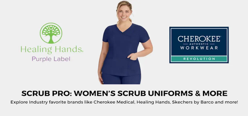 A young female nurse practitioner wearing a navy blue scrub uniform on a light grey background featuring the Healing Hands Purple Label Scrubs logo on the left and the Cherokee Medical Uniforms logo to the right.