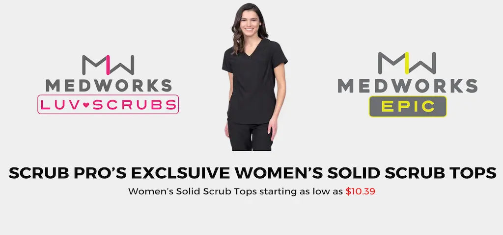 The MedWorks Luv Scrubs and Epic logos on a light grey background featuring a young female EMT wearing a solid black scrub top.