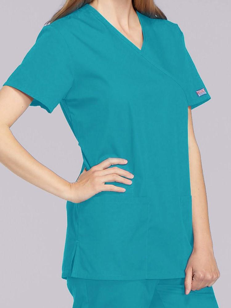 Cherokee Workwear Originals Womens Mock Wrap Solid Scrub Top Teal Scrub Pro Uniforms 7017