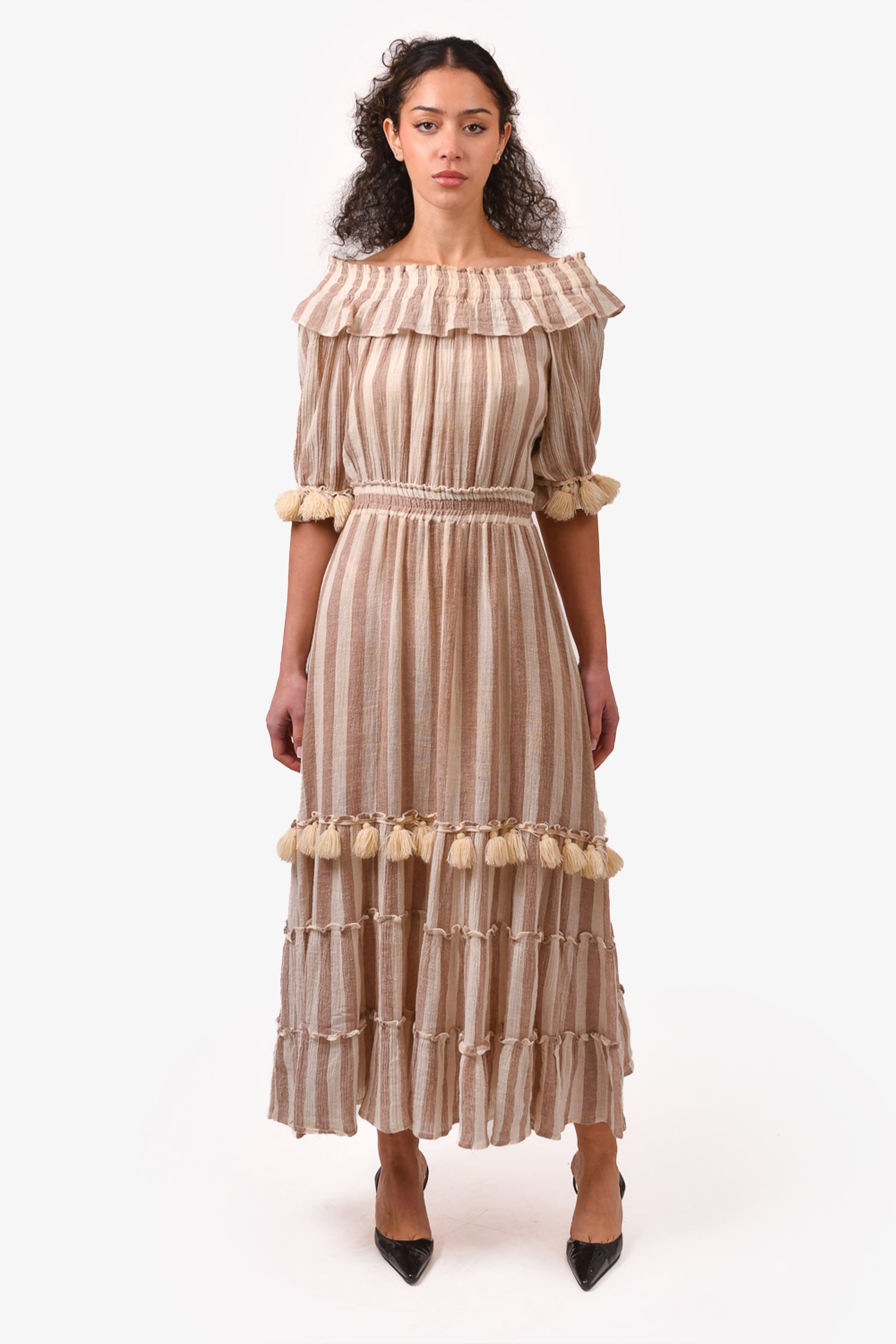 image of MISA Los Angeles Beige/White Stripe Maxi Dress with Fringe Detail Size XS