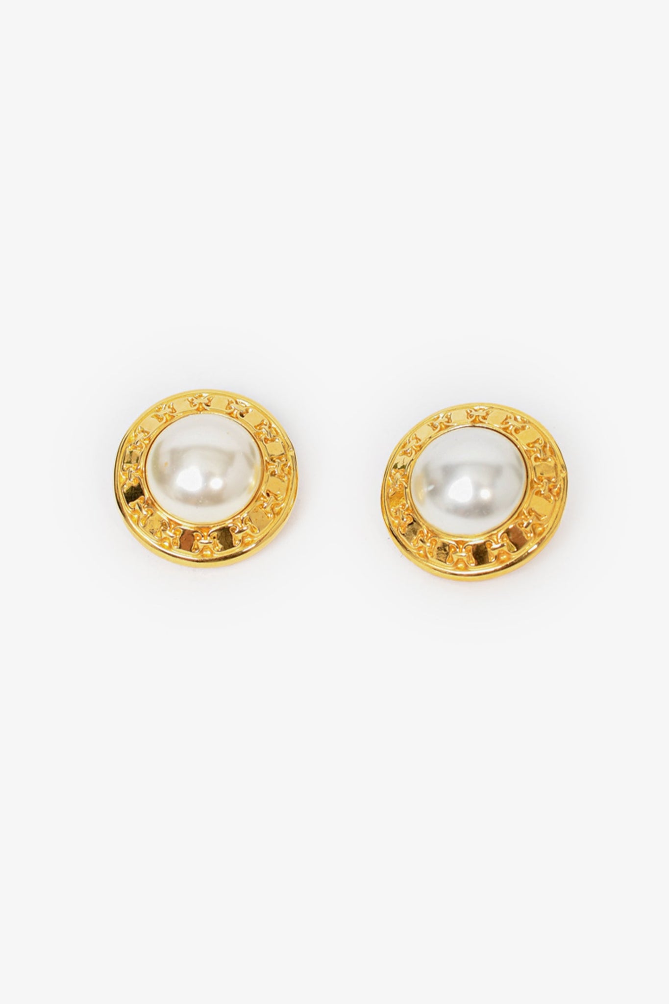 Chanel Vintage 1993 Gold Toned CC Ball/Faux Pearl Drop Clip On Earrings