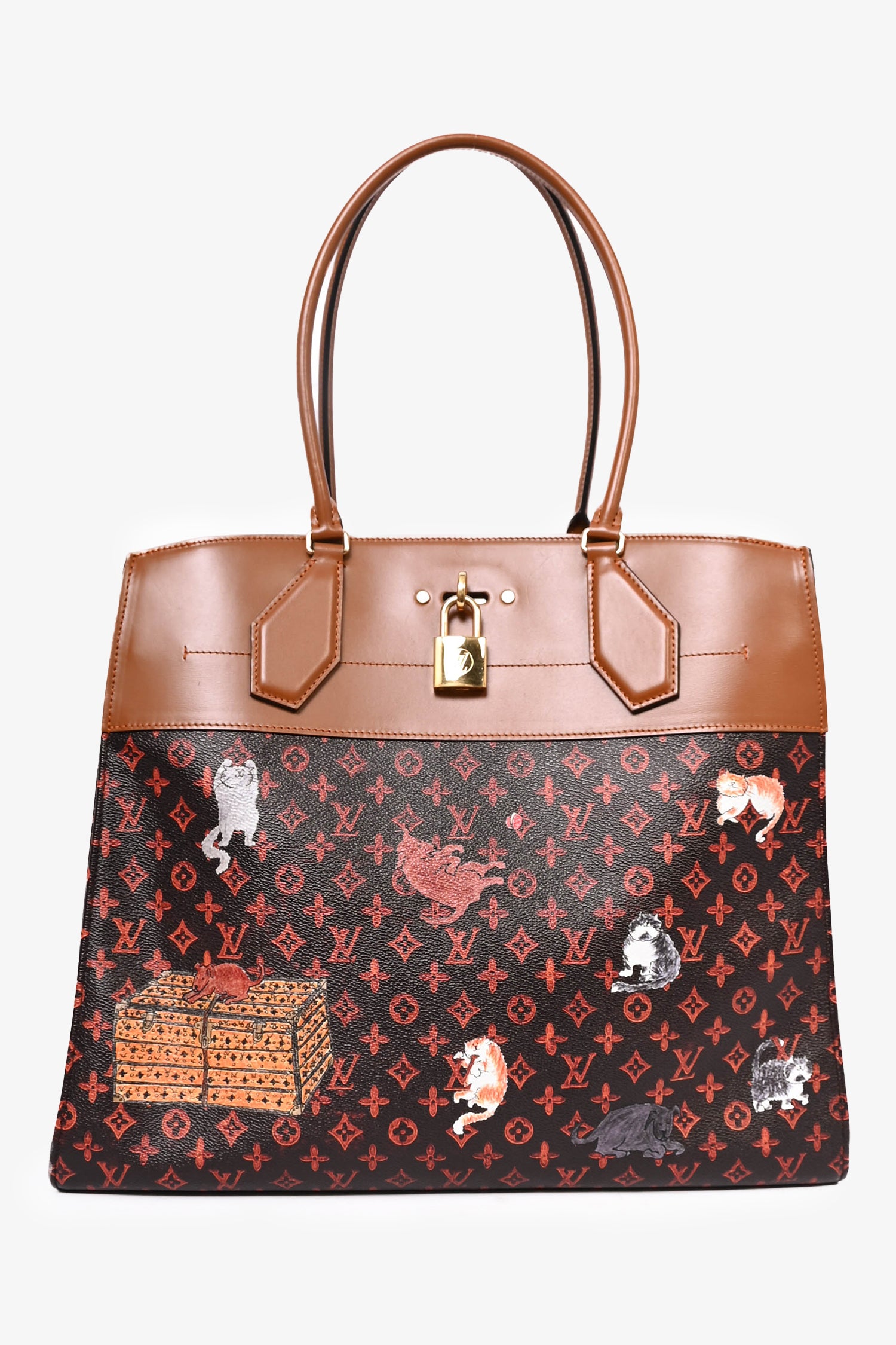 image of Louis Vuitton 2018 Limited Edition Brown Leather/Catogram City 'Steamer Cabas' Tote With Pouch XXL