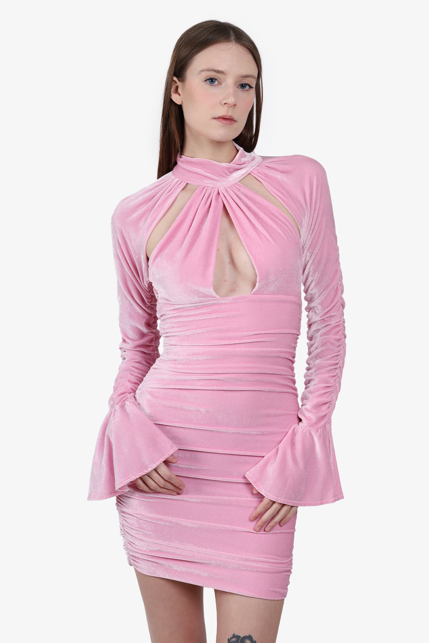 image of Blumarine Pink Cutout Ruched Stretch Velvet Mini Dress Size 2