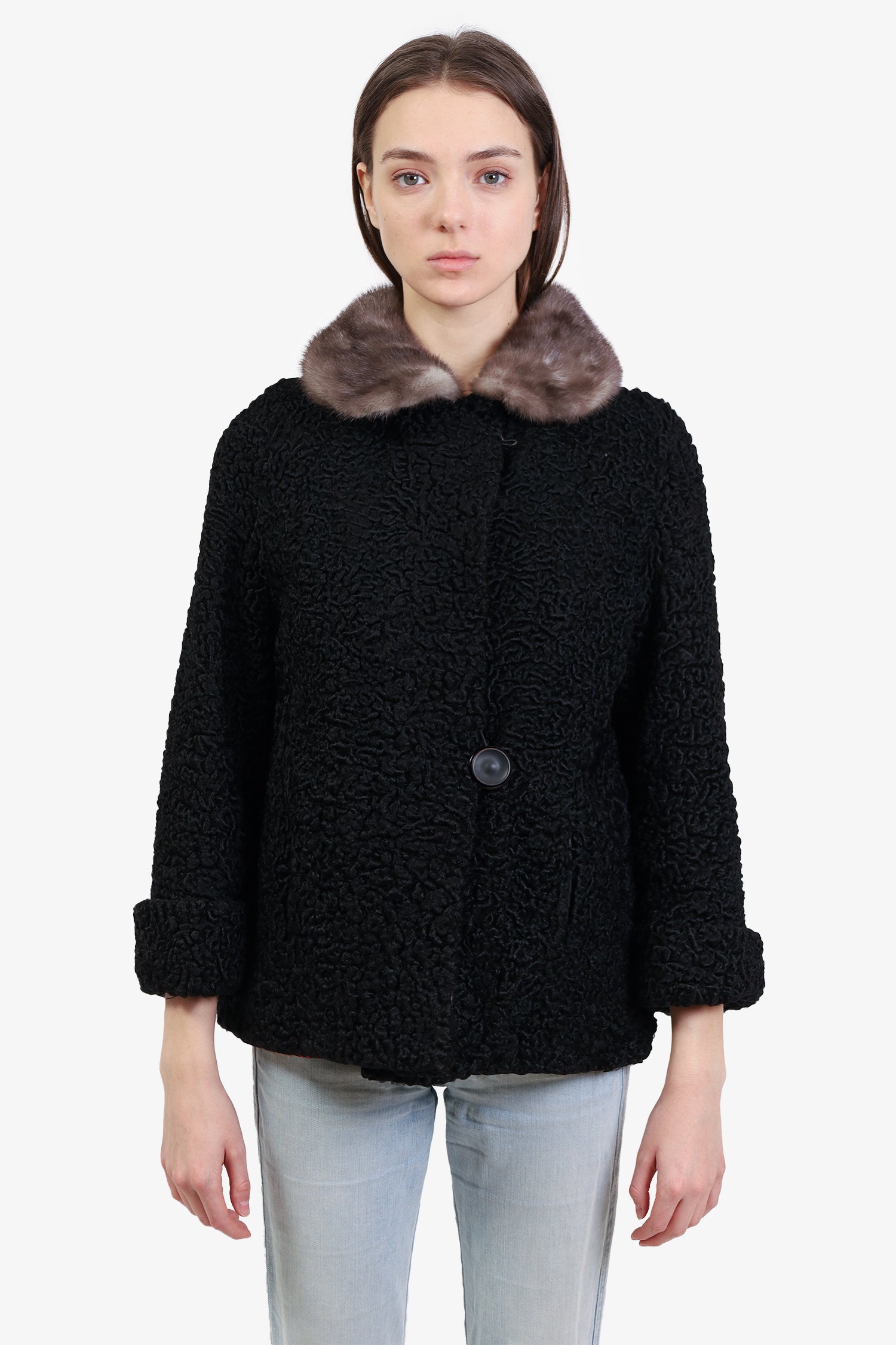 Image of Fur Salon Black Astrakhan Fur Jacket with Mink Collar Size Small