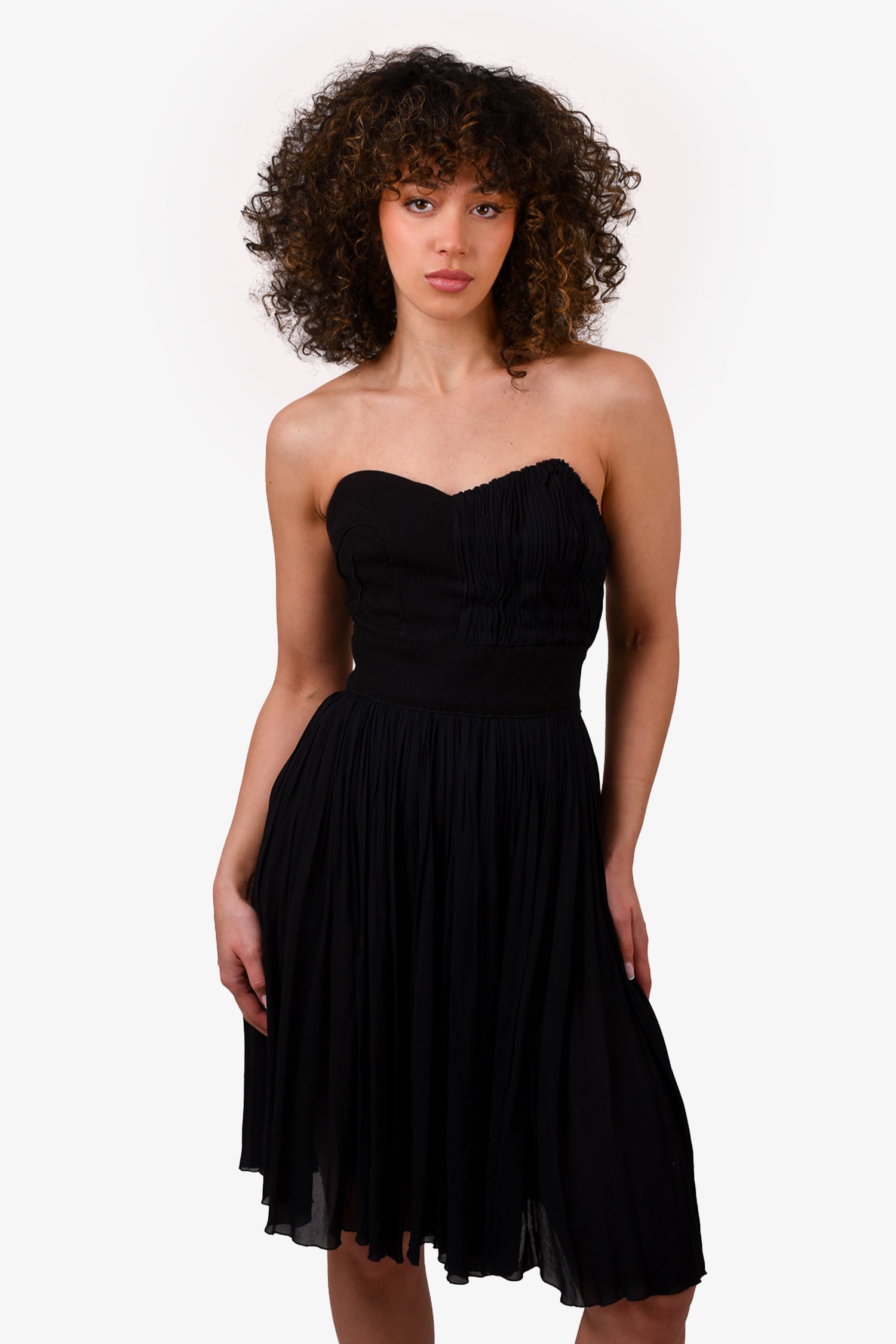 Image of Prada Black Strapless Pleated Mini Dress Size 40