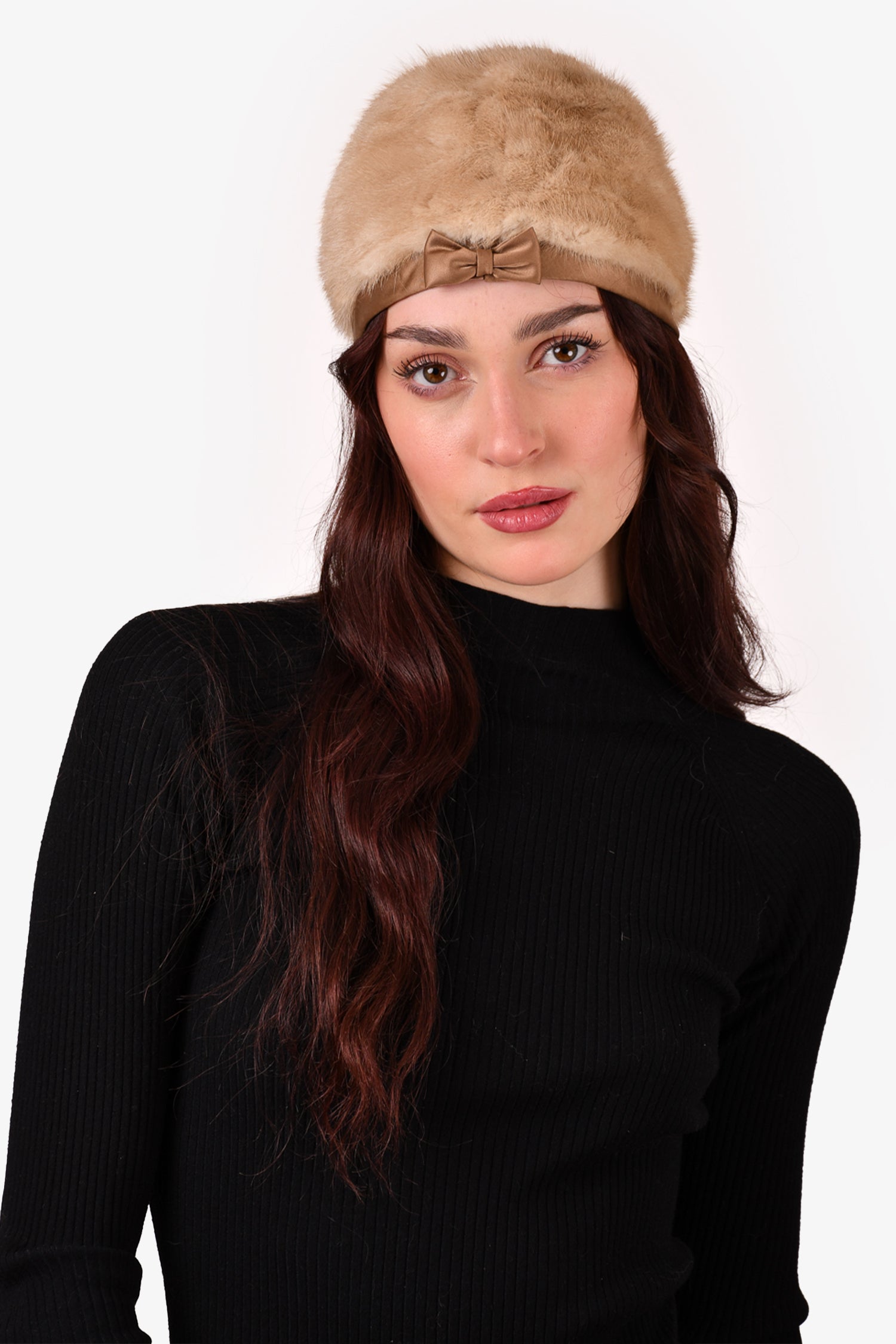 image of Vintage Pearl Mink Fur/Brown Satin Bow Hat