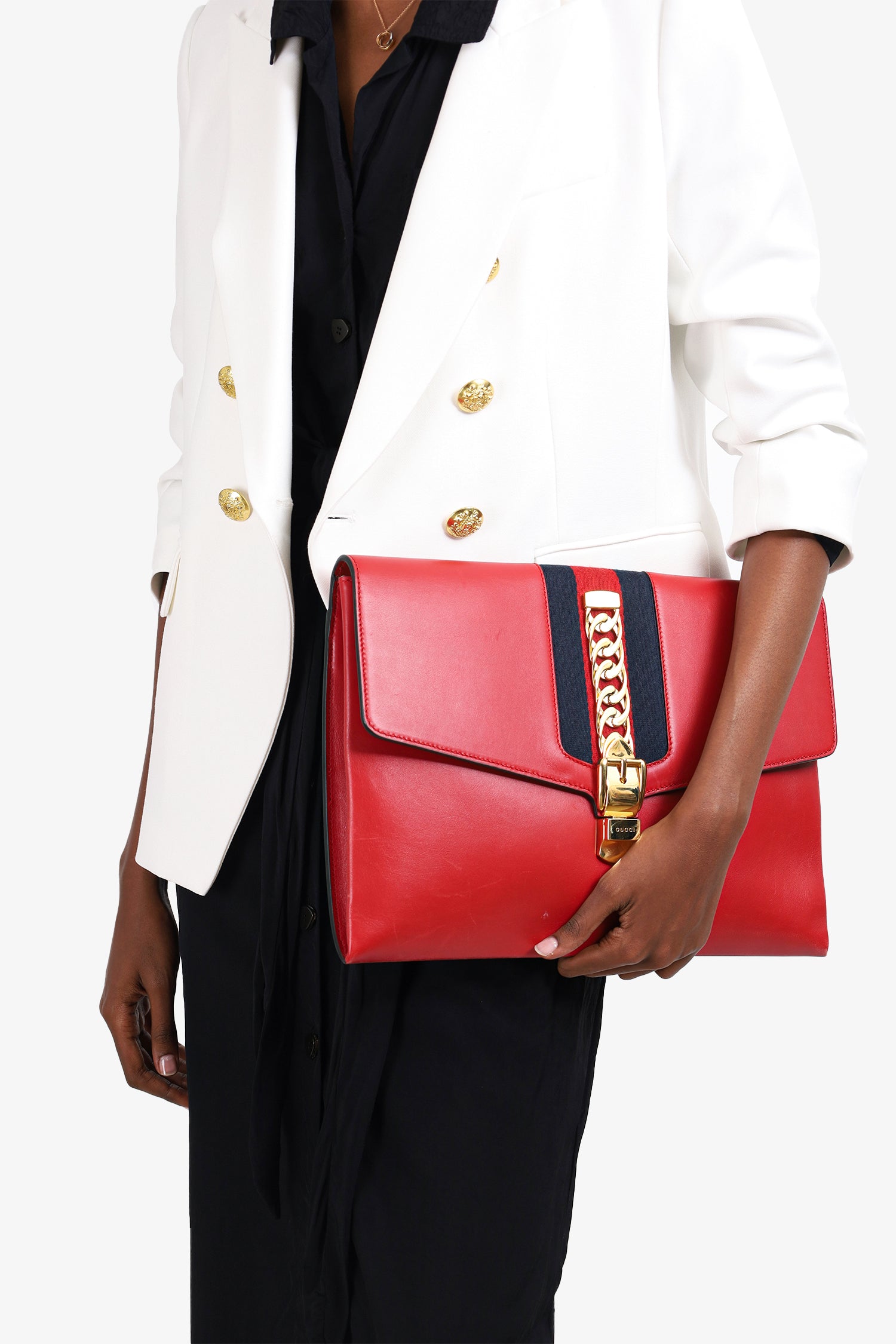 image of Gucci Red Leather Sylvie Clutch Gold-Hardware