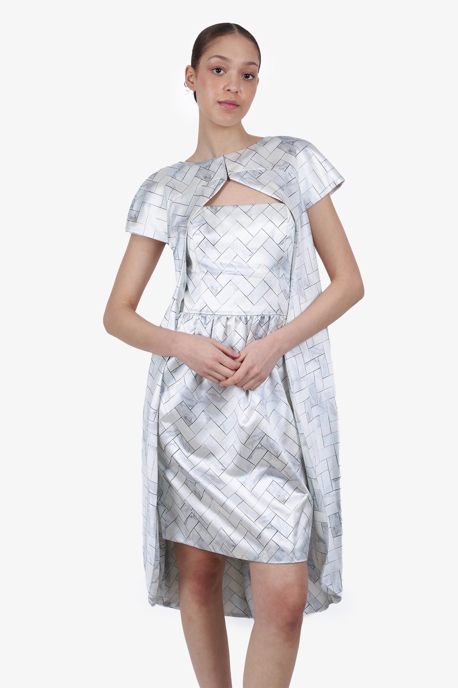 image of Prabal Gurung White/Grey Silk Patterned Strapless Mini Dress + Overcoat Size 6 Set