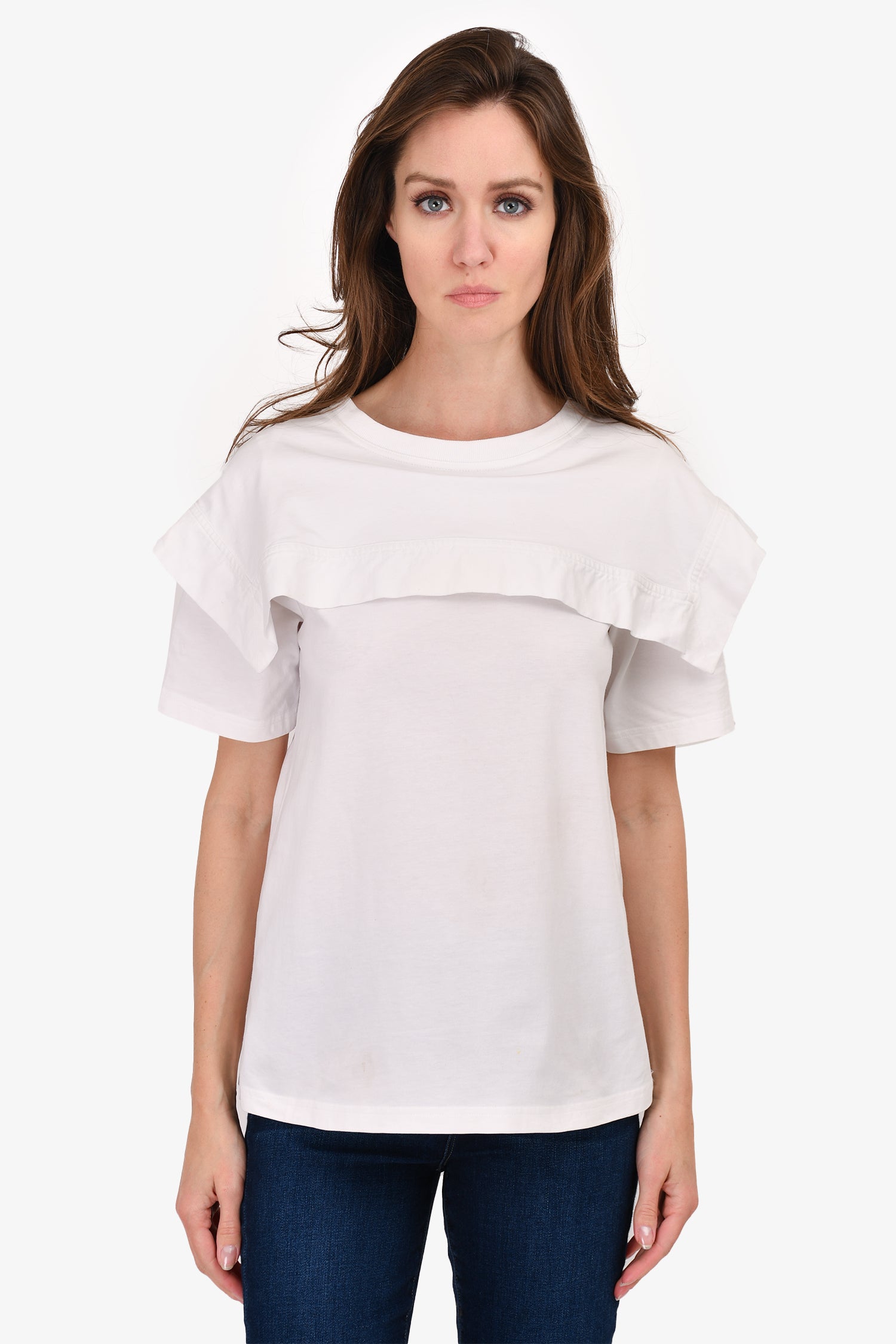 Image of Chloe White 'Bib' Detail T-Shirt Size L