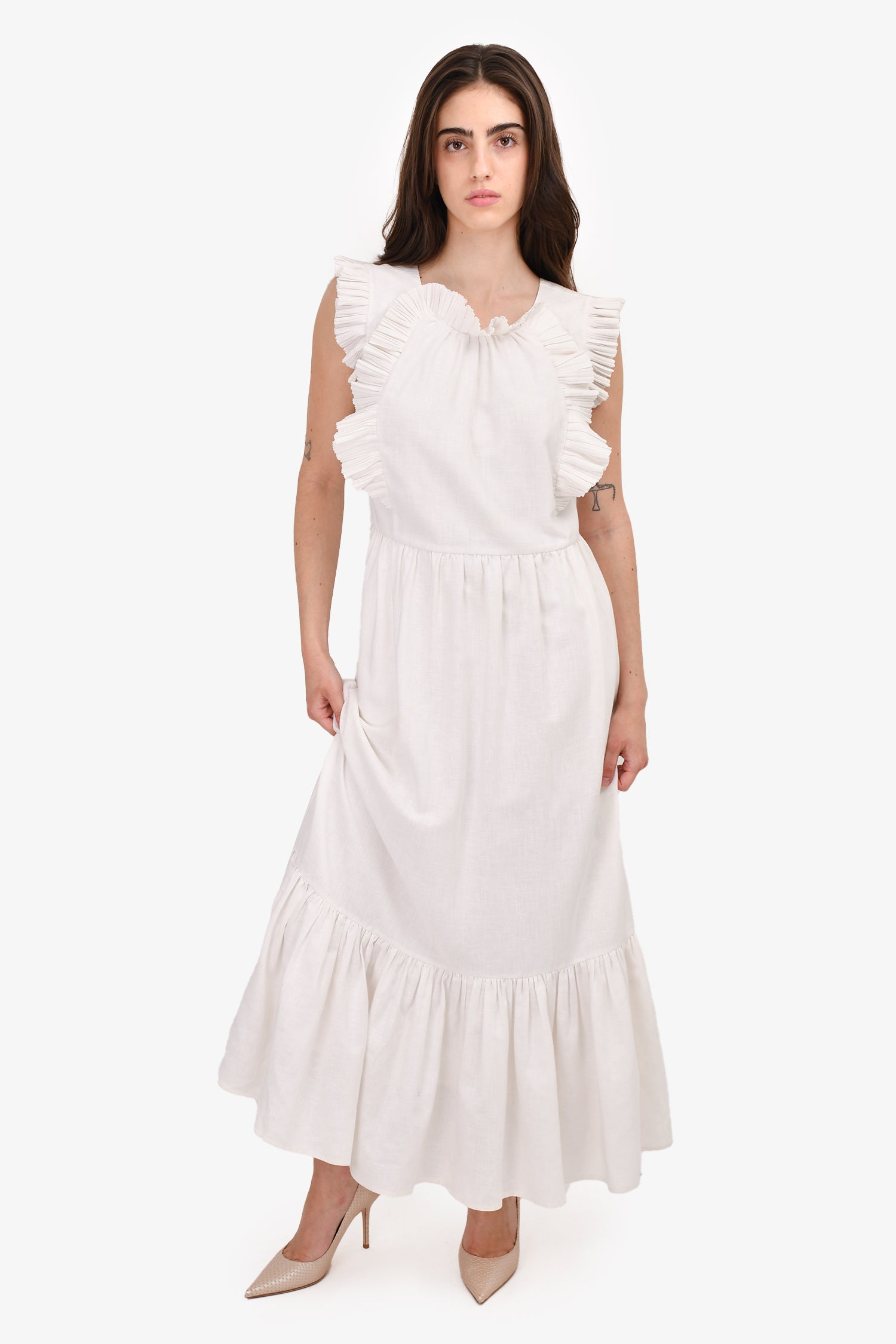 Image of Sea New York White Linen Blend Sleeveless Midi Tiered Dress with Ruffle Size 2