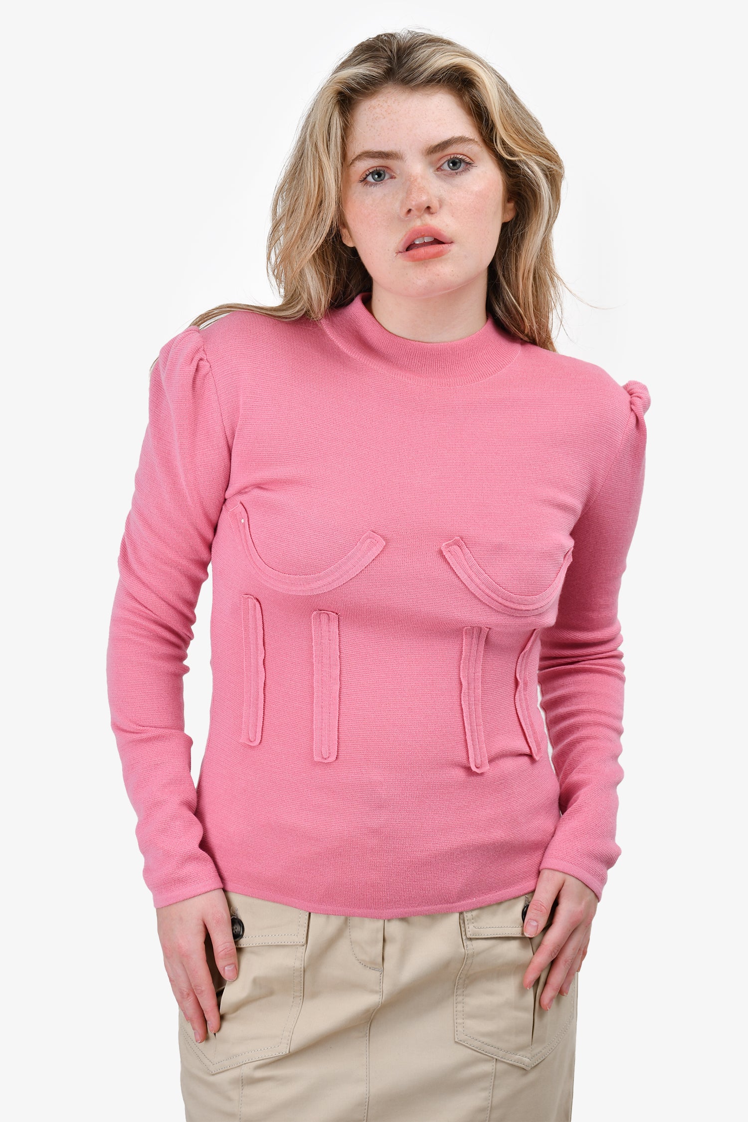 image of Push Button Pink Wool Bustier Detailed Sweater Size S