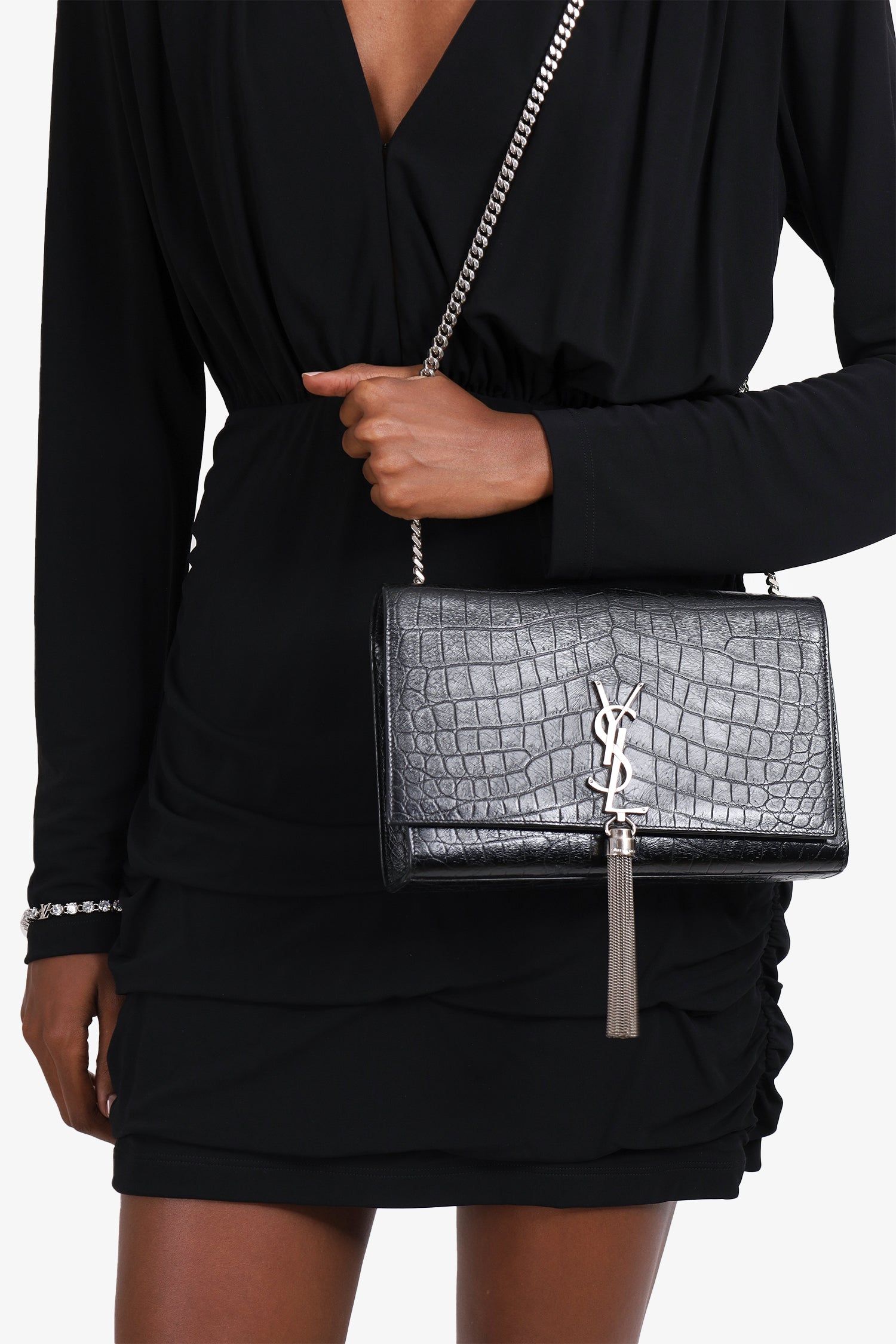 image of Saint Laurent Black Croc Embossed Medium Kate Crossbody