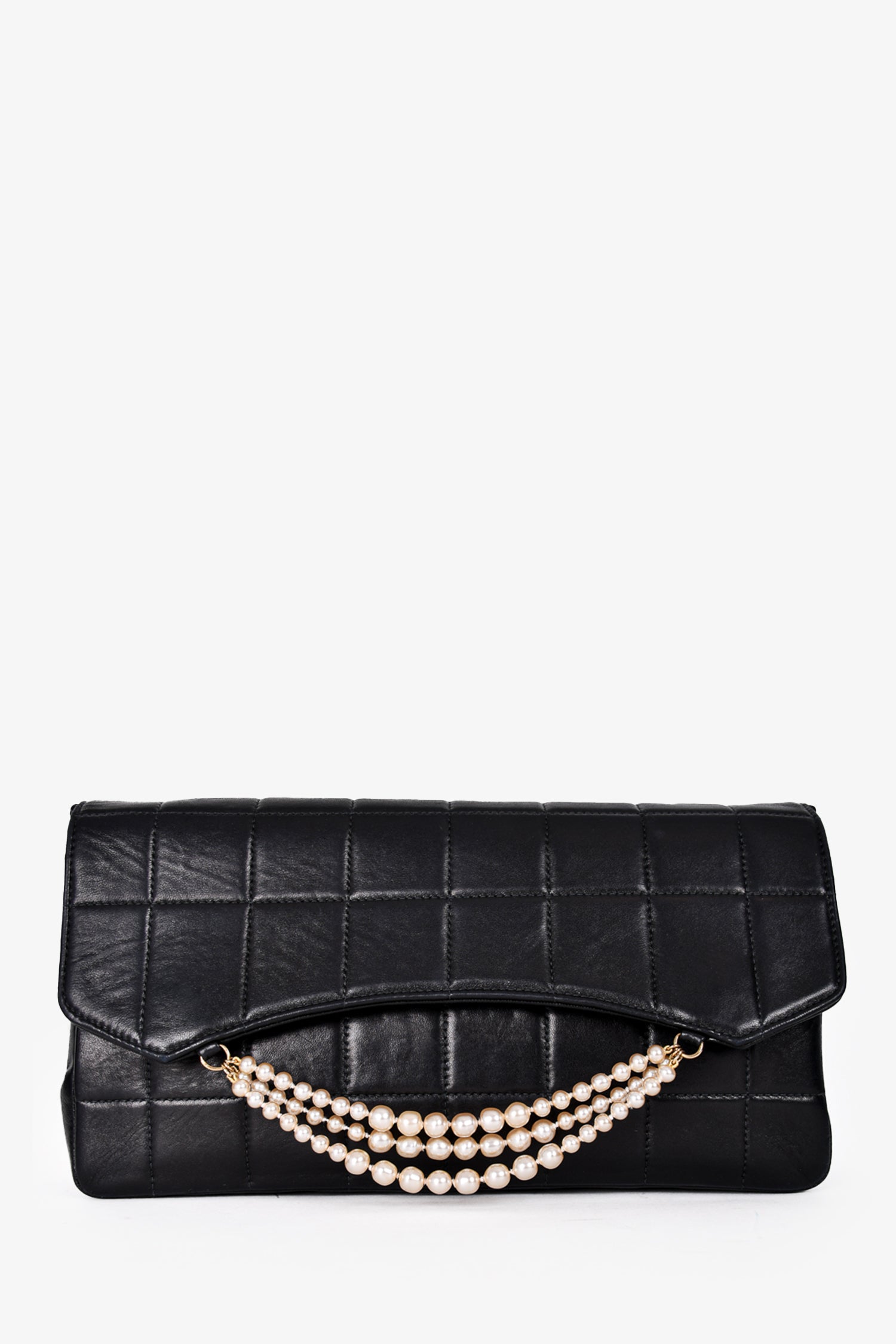 Image of Chanel 2002-3 Black Leather Chocolate Bar Flap Bag With Faux Pearl Strap