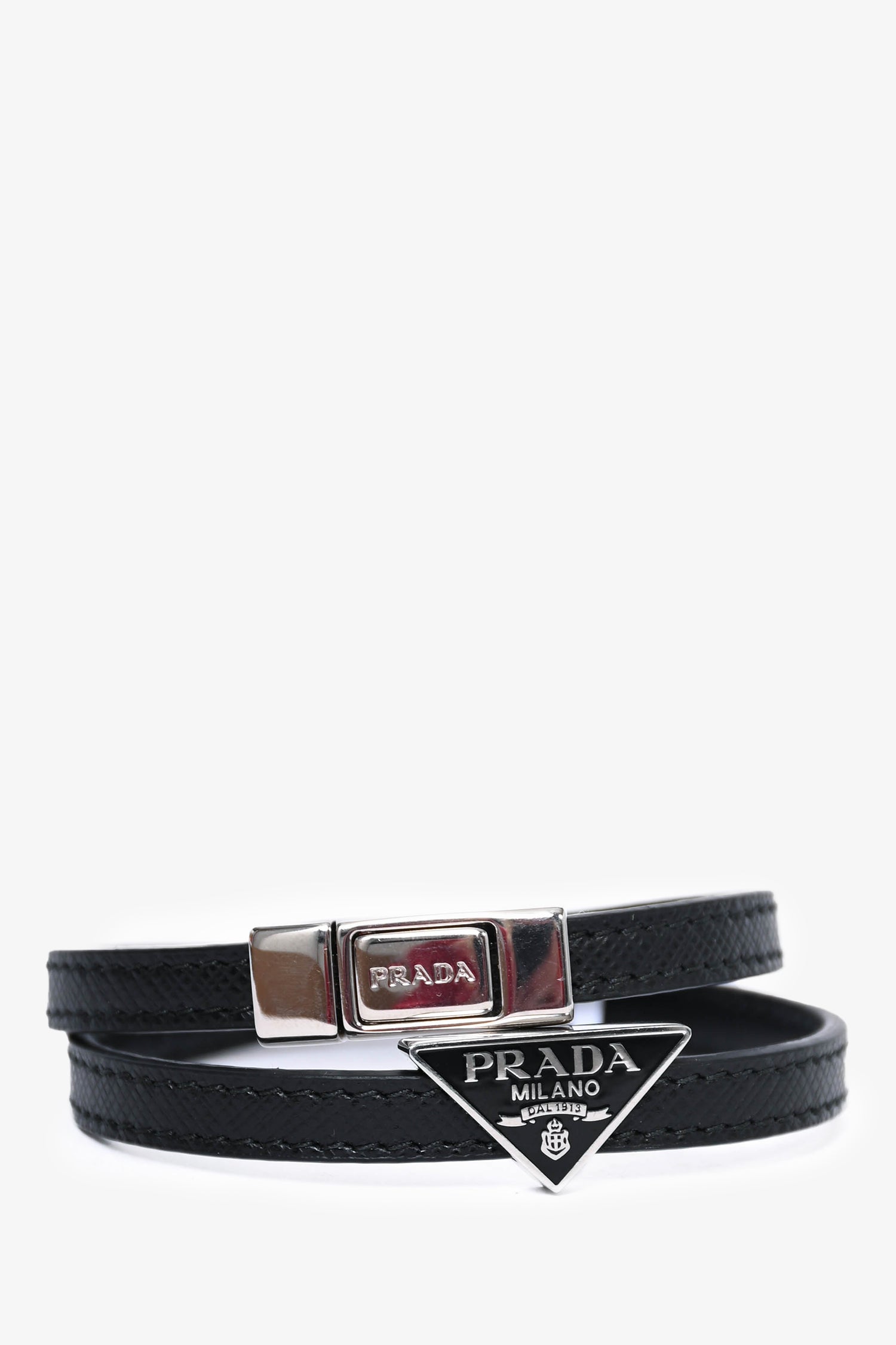 Image of Prada Black Leather Double Strap Logo Bracelet