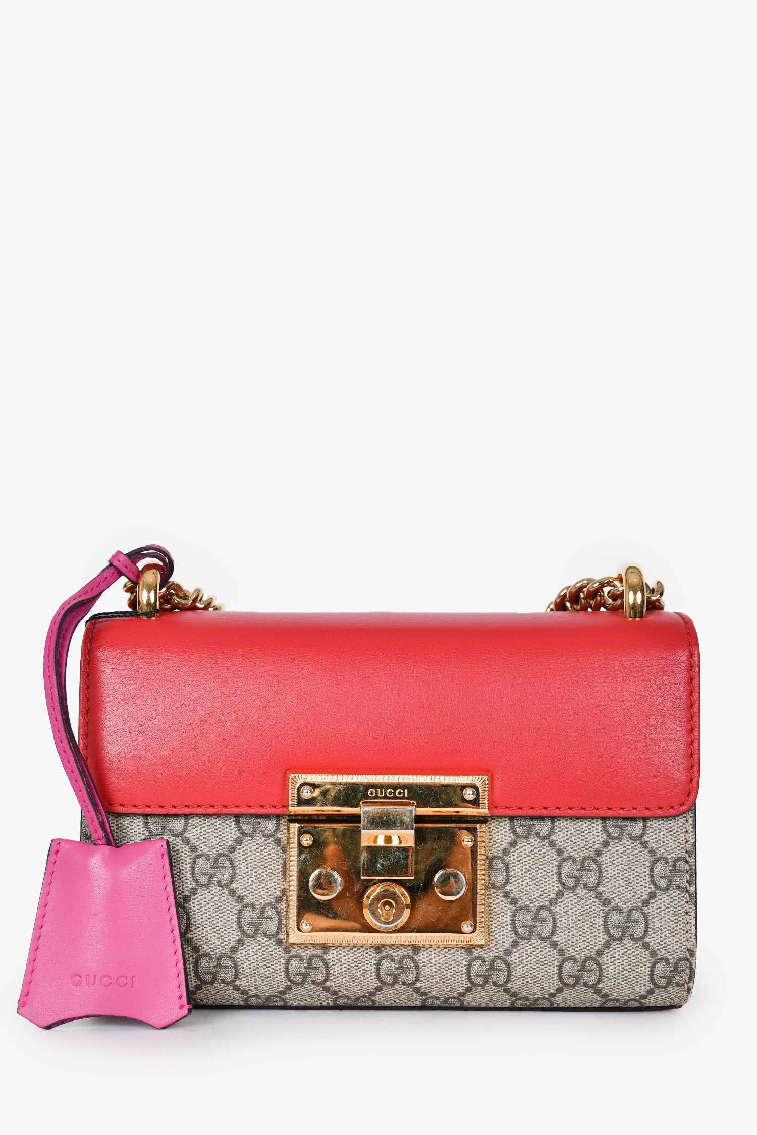 image of Gucci Red Leather/GG Canvas Padlock Shoulder Bag