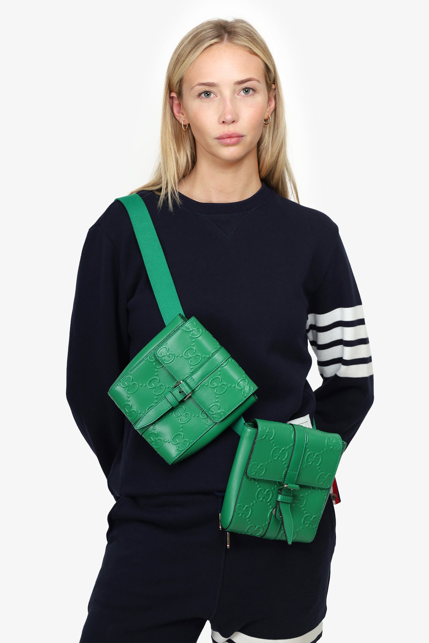 Image of Gucci Green Calfskin GG Embossed Double Belt Bag