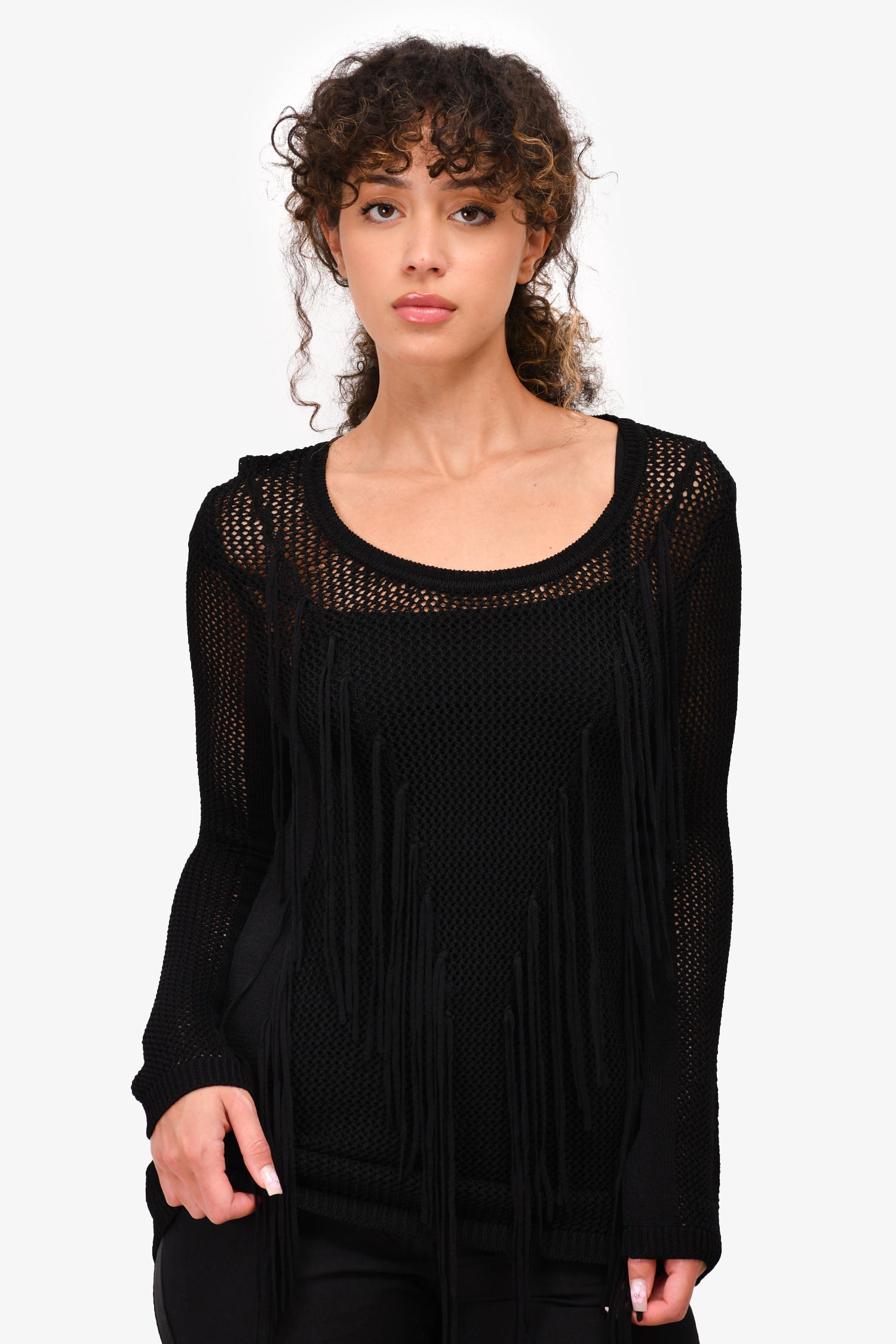 image of Sandro Black Fringe Knit Sweater Size 2