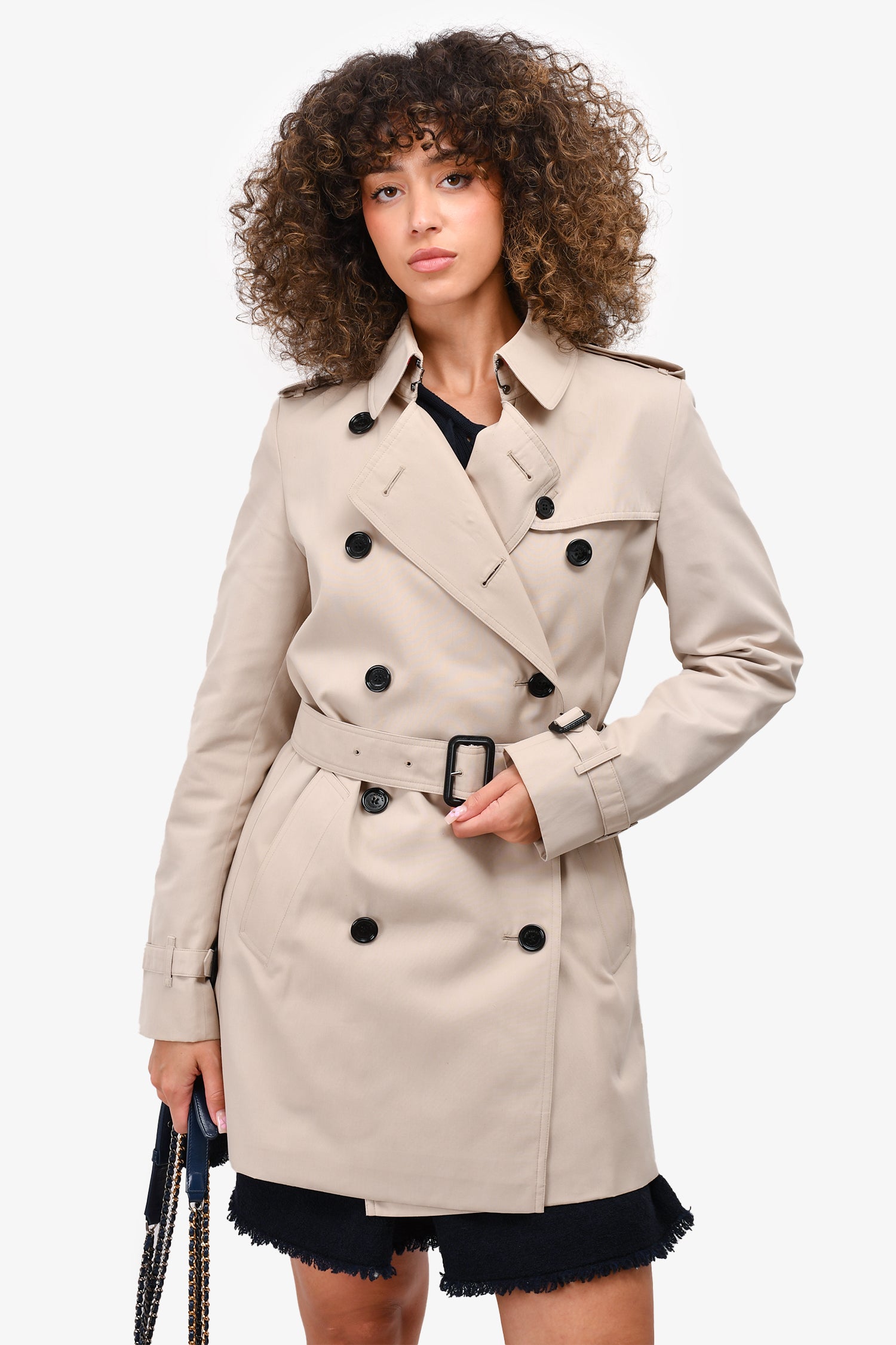 image of Burberry Light Beige Mid Length Double Breasted Trench Coat with Belt Size 8 US