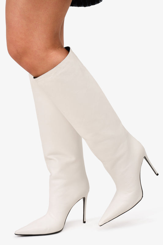 Retrofête 2024 White Leather Knee High 'Frida' Heeled Boots Size 38.5