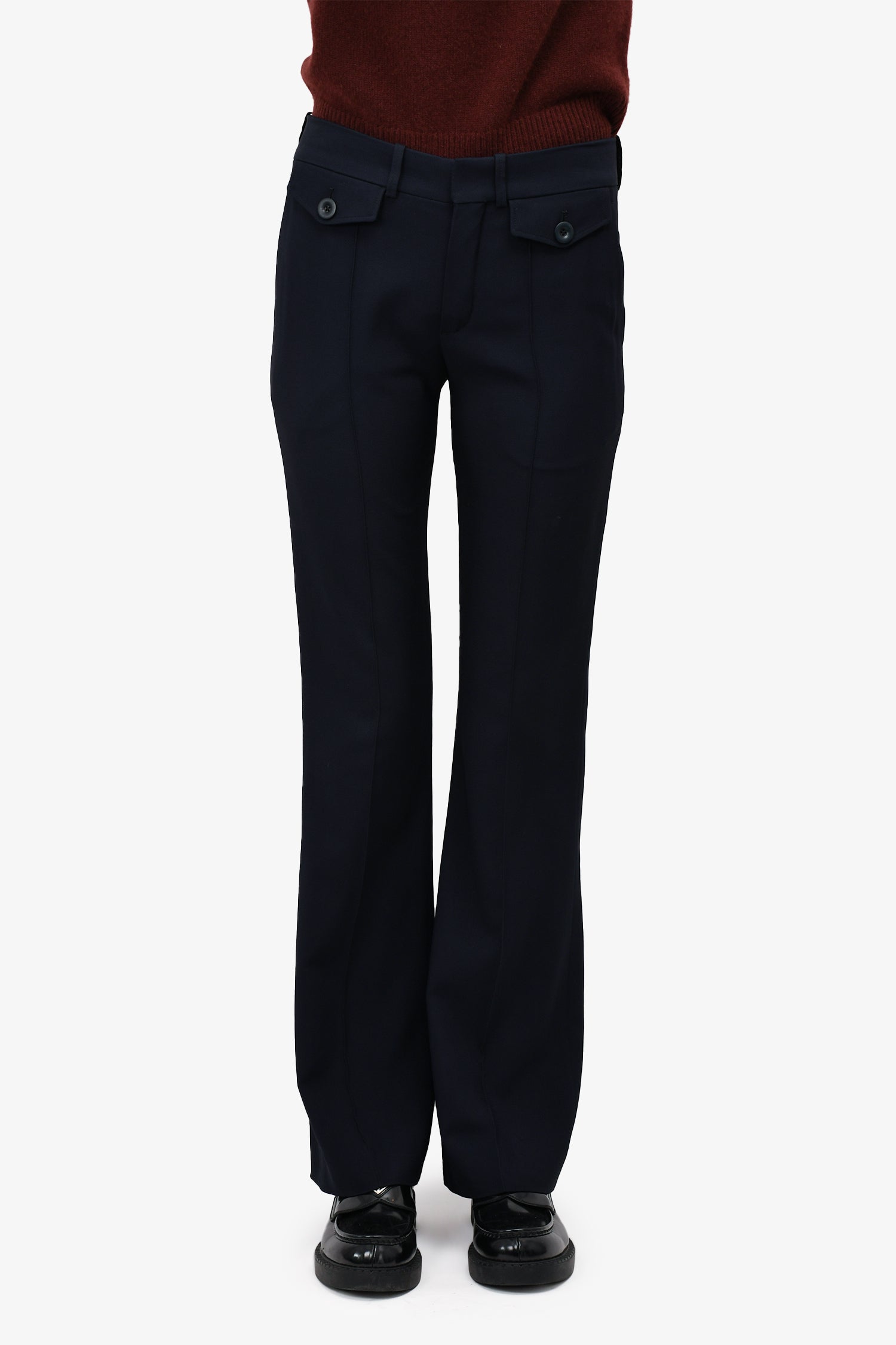 image of Chloe Navy Front Pocket Detail Flare Trousers Size 36