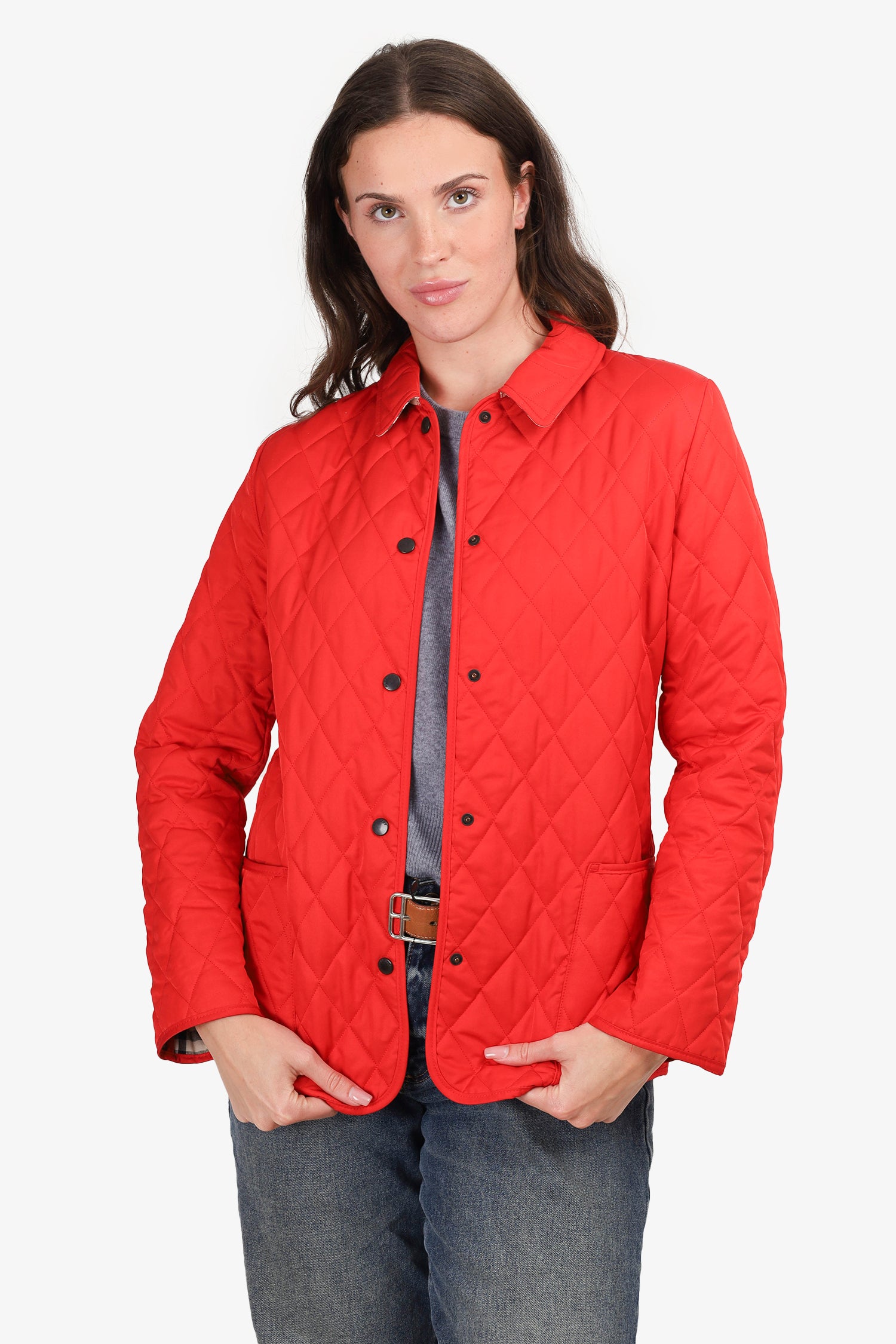 Image of Burberry Red Quilted Long Sleeve Jacket Size S