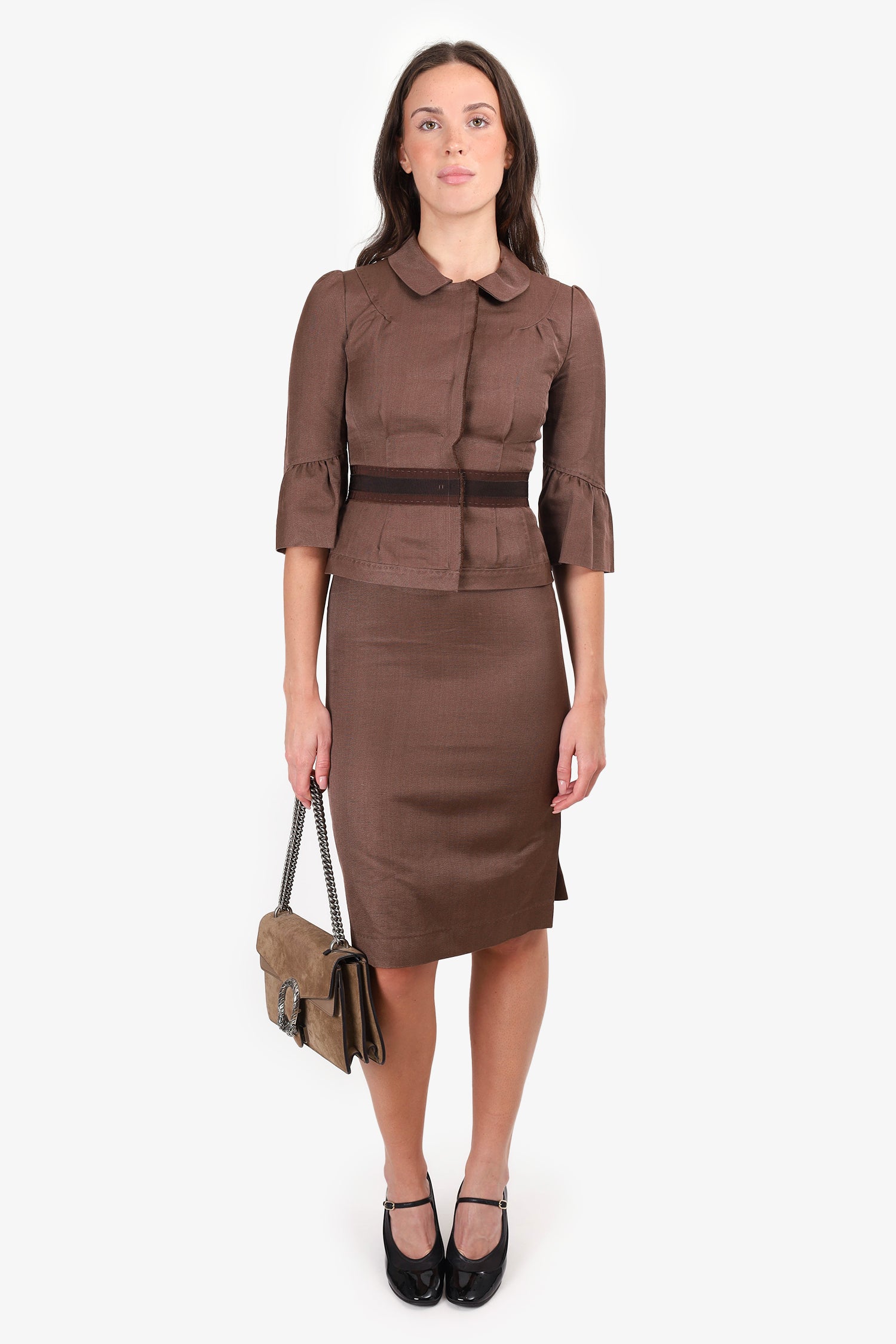 image of Alberta Ferretti Brown Pleated 3/4 Sleeve Jacket + Midi Skirt Size 2 Set